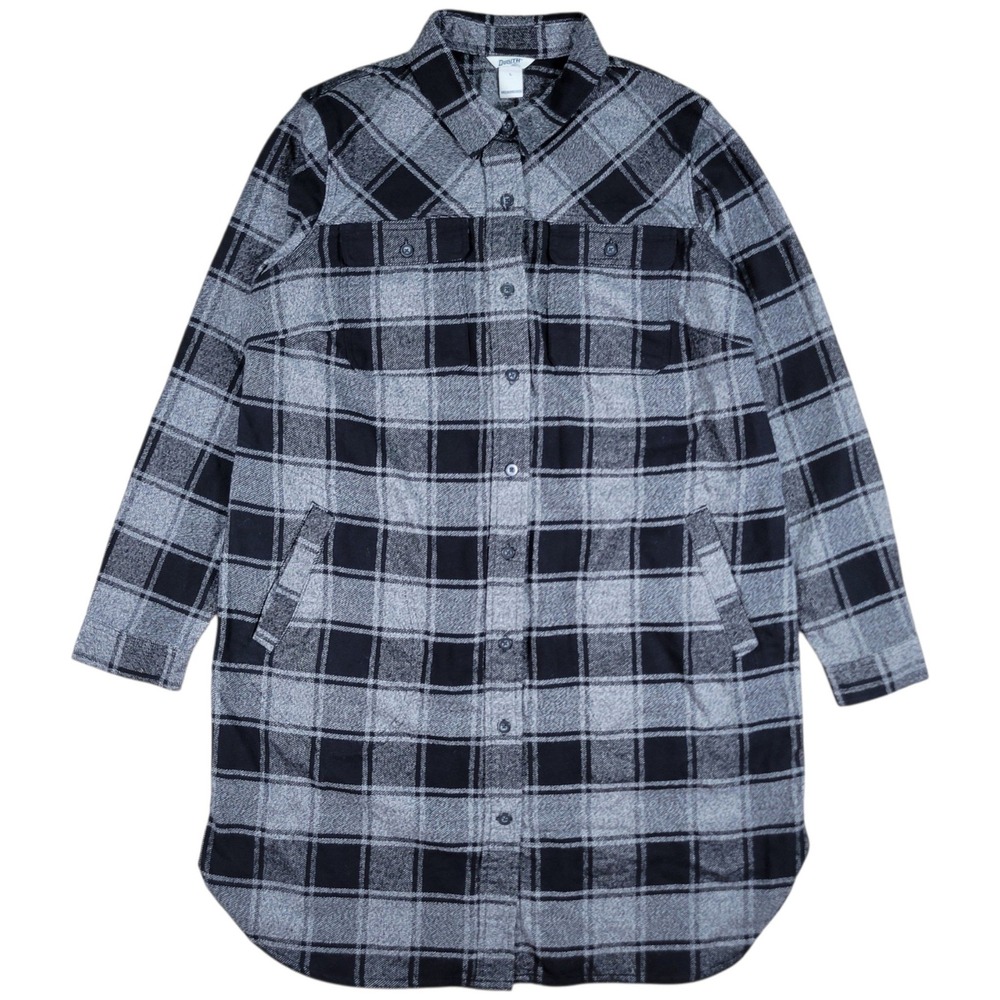 Duluth Folklore Flannel Duster Shirt Womens L Gray Black Plaid Shacket Tunic Top
